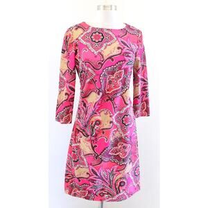 Jude Connally Pink Red Tan Paisley Medallion Print Ruched Jude Cloth Dress sz S
